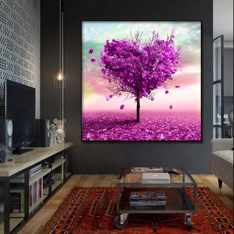 Abstract love big purple tree and Leaves Canvas Posters Wall Art Print Modern Painting Nordic Kid Bedroom Decoration Picture (1)
