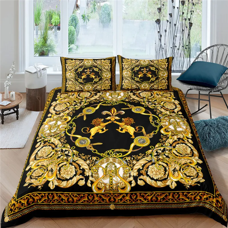 Home Textiles Luxury 3D Golden Lion Print Duvet Cover Set 2/Pillowcase Kids Bedding Set AU/EU/UK/US Queen and King Size 220611