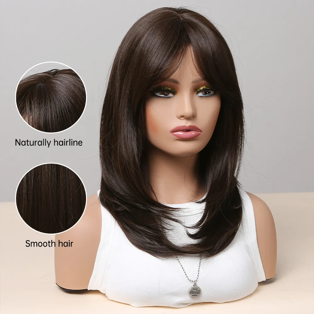Perucas sintéticas de peruca ondulada natural longa ondulação de cabelo marrom escuro com franja lateral para mulheres diárias resistentes ao calor