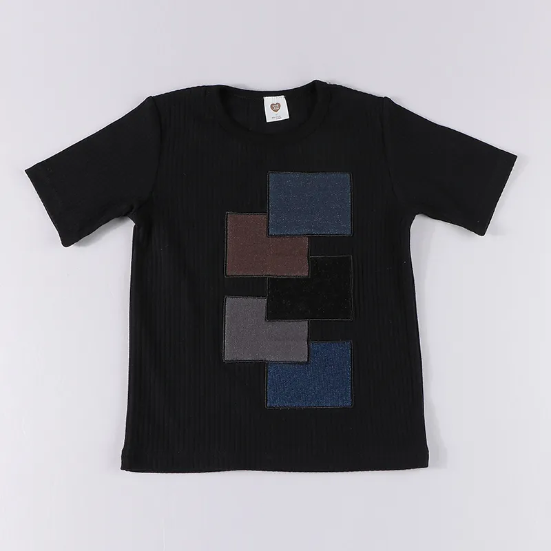 T-shirt d'été à manches courtes et longues pour enfants, vêtements pour garçons et filles, patch en denim noir, col rond, 220607