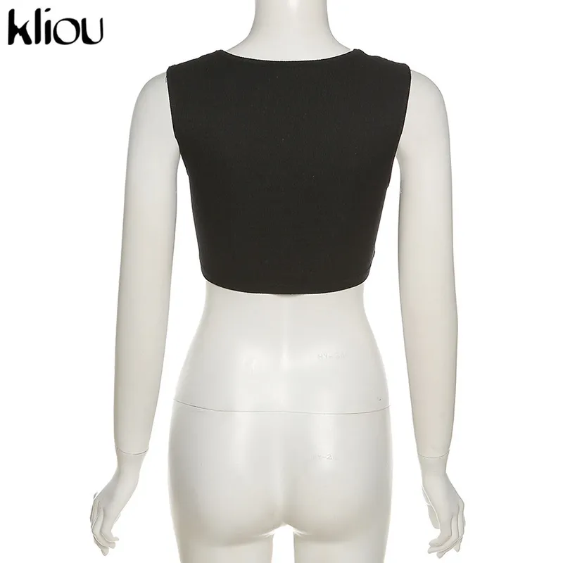 Kliou Solid Top Short Women Skinny Sleeveless X-Long Cleavage Square Collar Summer Fashion Hipster Casual High Streetwear 220318