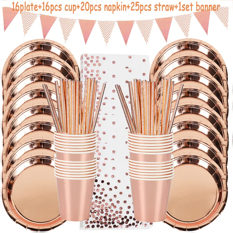 Décoration de fête set Rose Gold Vaisselle jetable Set Tasse Assiettes Pailles Adulte Anniversaire Décor Bridal Douche Fournitures 220919