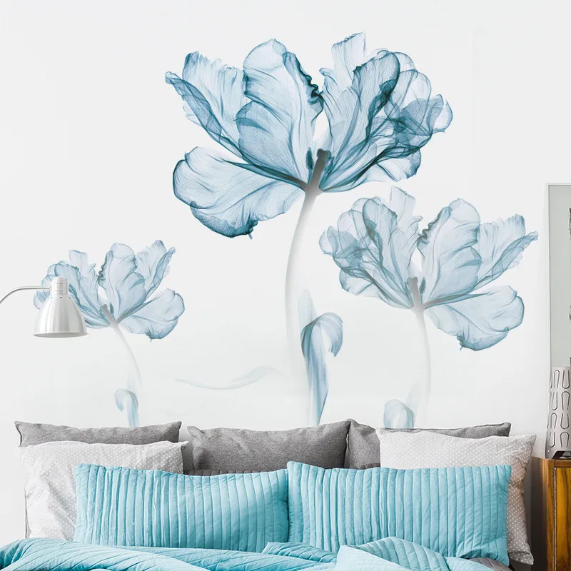 큰 북유럽 예술 블루 꽃 거실 장식 비닐 벽 스티커 DIY 홈 장식 현대 침실 벽 포스터