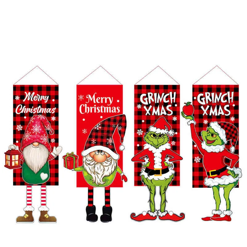 Ciondoli natalizi Grinch Hanging Flag Faceless Gonme Doll Shopping Mall French Window Hanging Flag Grinch Xmas Decor For Home T220804