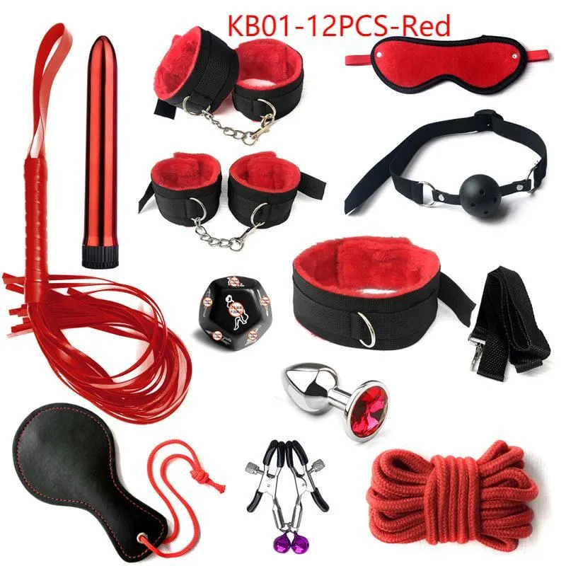 Schönheitsartikel SM-BDSM-Kits für Erwachsene, sexy Spielzeug für Frauen, Handschellen, Peitsche, Nippelklemmen, Spanking, Metall-Analplug, Vibrator, 12 Stück, Rosa