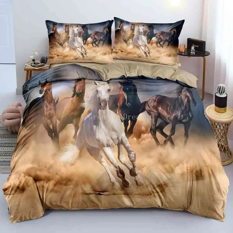 Hästar tryckt täcke omslag Set Twin Full Queen King Bedding Comporter Bedstrålning Mjuk lättviktdjur Hemtextil