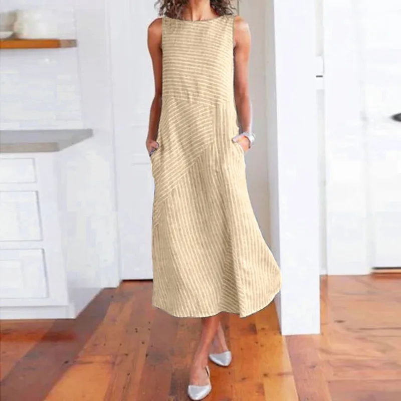 30H Dress Woman Casual Striped Print Långärmlös es O Neck Linen Pocket Summer For Women 220521