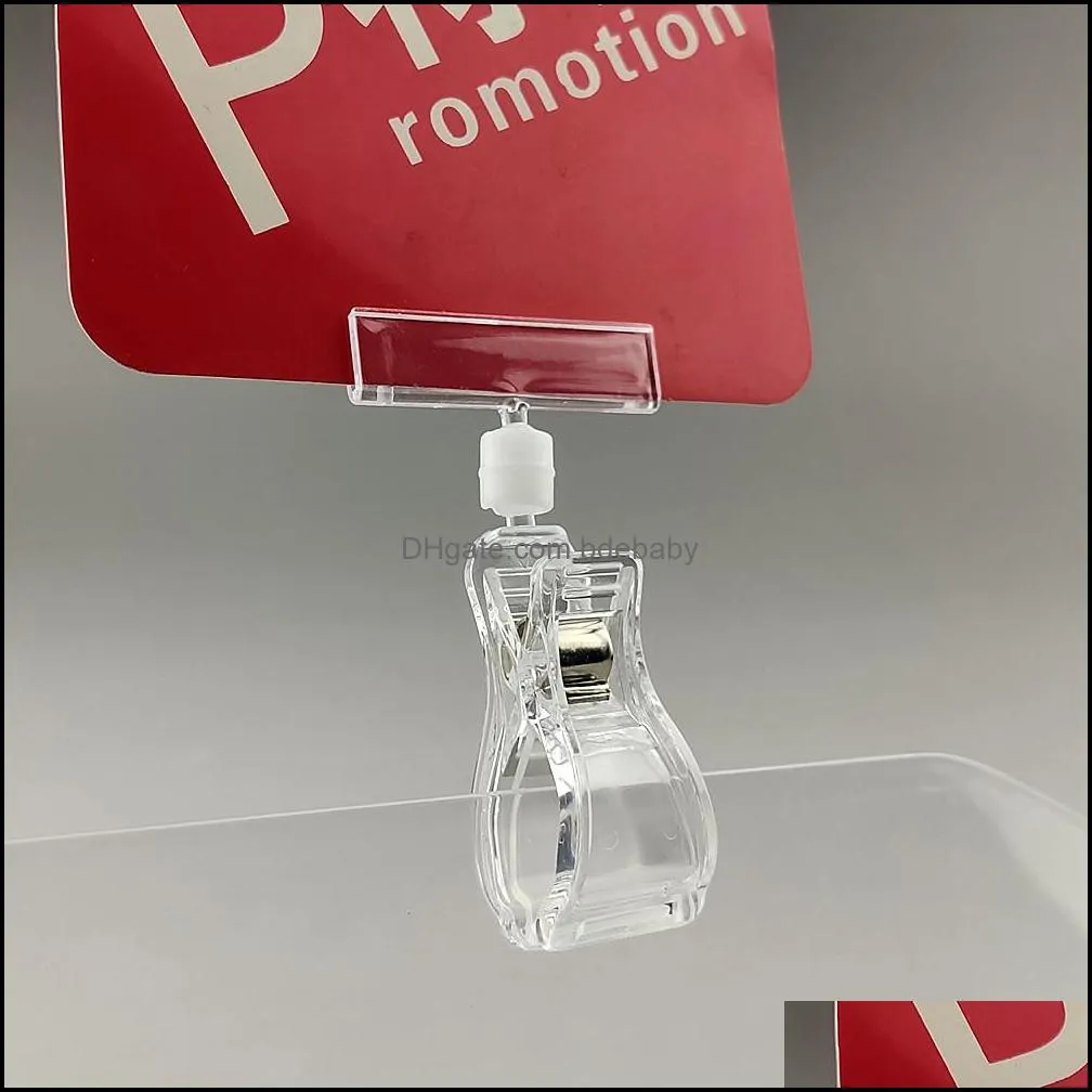 Clear POP Plastic Rotatable Sign Memo Card Price Label Tag Paper Display Holder Signage Spring Clip By Rubber Lining Retail Promotion