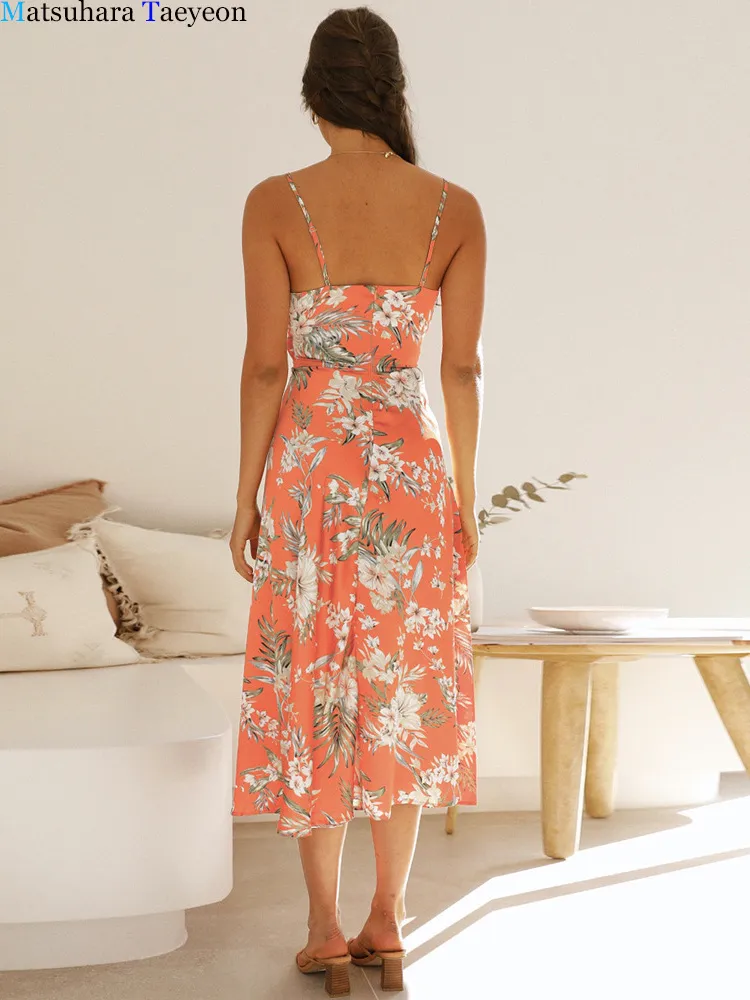夏のドレス弓の袖の女性スパゲッティストラップバックレスファッション甘いプリントドレスホリデービーチドレス220601