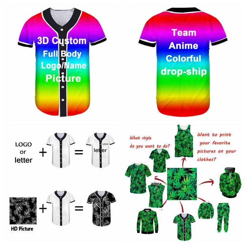 Custom Baseball Jersey Tshirt Unisex Mens Arc Bottom Text Image 3D Print Team Uniforms Button Down Shirt Plus Size XXS-6XL 220619