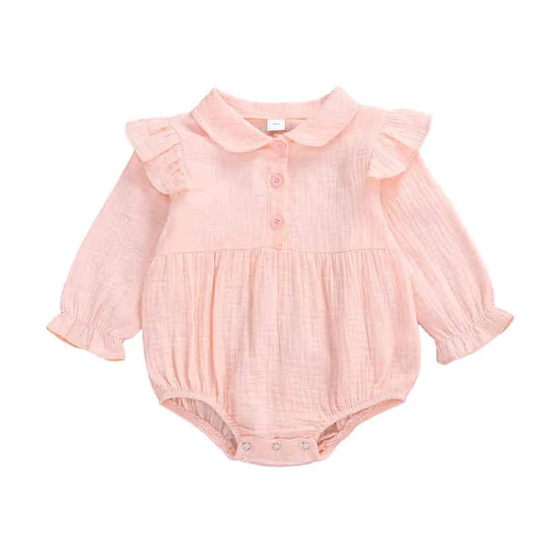 Sweet Baby Girls' Romper Solid Color Long Sleeve Triangle Crotch Button Cute Princess-Style One-Piece Cloth for Baby 0-2 Years G220510