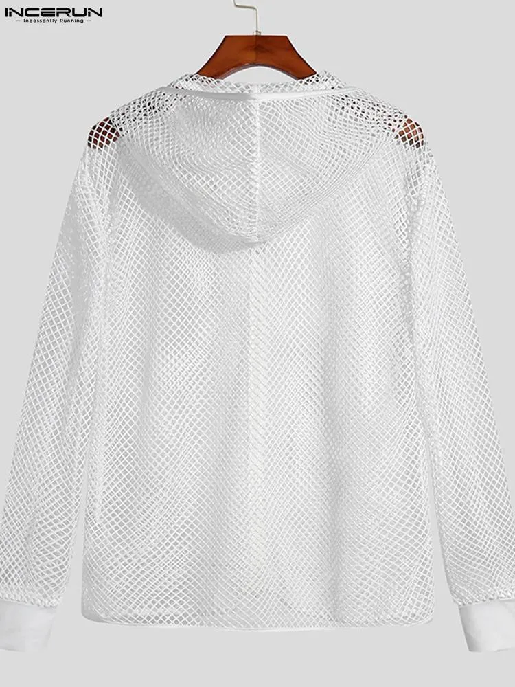 Hommes t-shirt à capuche à manches longues maille Transparent respirant fermeture éclair manches longues décontracté Cardigan haut S-5XL INCERUN