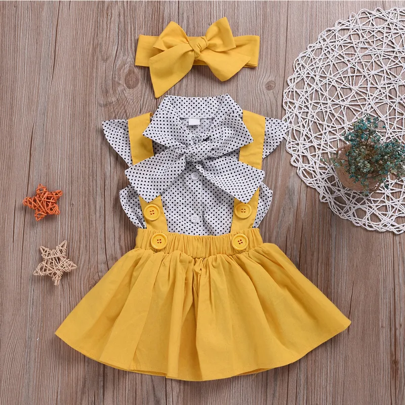 HE Hello Enjoy Kid Clothes Baby Girls Clothing Sets Summer Flying Sleeve Dot Top+Strap Skirt+Headband Princess Suit 2 6 8 12 220509