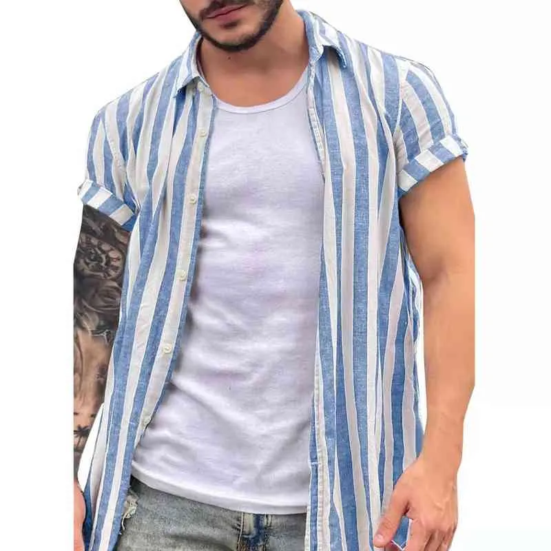 2022 New Hawaiian Cotton Linen Men's Shirts Trun-down Collar Striped Shirt Loose Short Sleeve Men's Casual Buttons Beach Shirts L220704