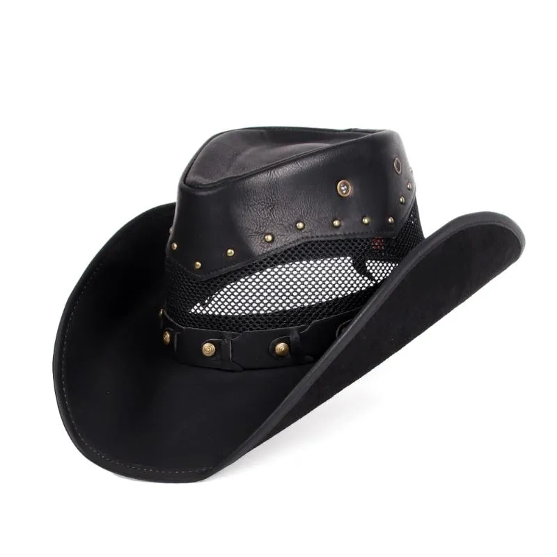 Berets 100% couro mulheres homens ocidentais cowboy chapéu verão malha respirável sombrero hombre bonés pai padrinho chapéus 2 szie plus sizebe245a