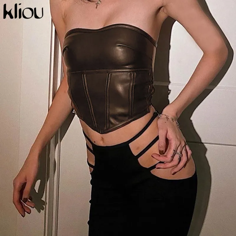 Kliou PU Faux Leather Hollow Out Side Slit Bandaż Lace Up Gorset Kobiety Cube Top Skinny Slash Neck Sexy Club Party Street Outfit 220316