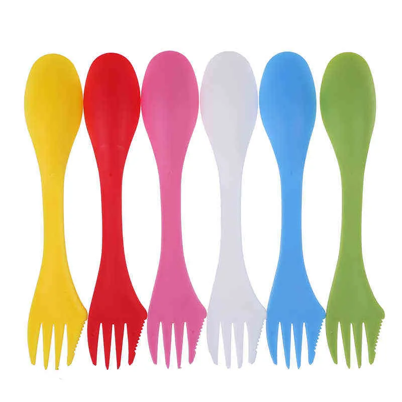 3 in 1 utensili in plastica Spork Combo gadget da viaggio posate stoviglie cucchiaio forchetta taglierina da viaggio campeggio escursionismo picnic Y220530