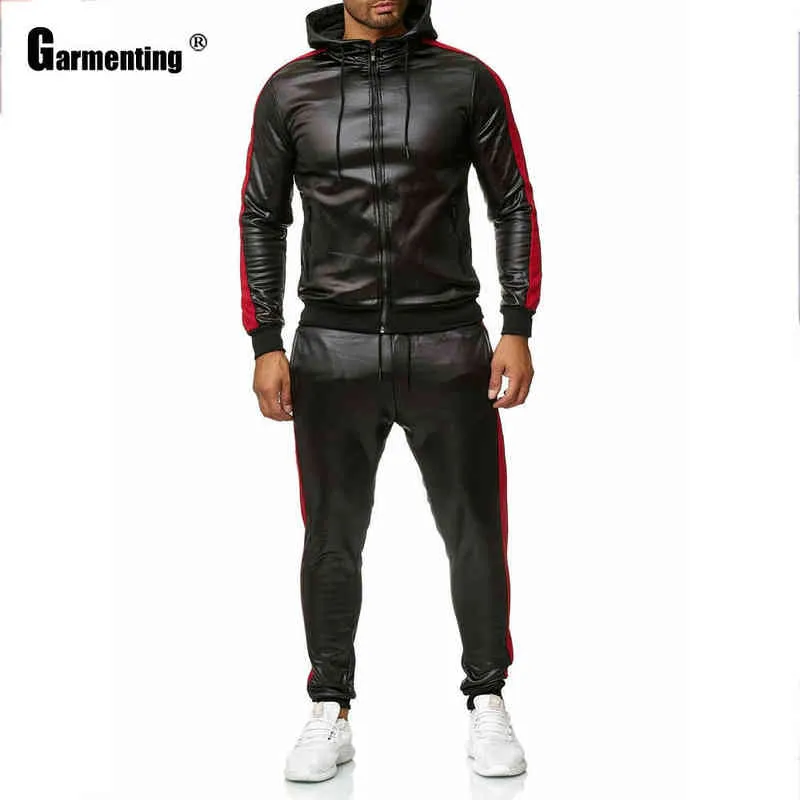 Plaggning av faux pu läder män set punk stil ny trend 2020 hoodie tracksuit lapptäcke dragkedja män två stycken kläder ropa hombre g1217