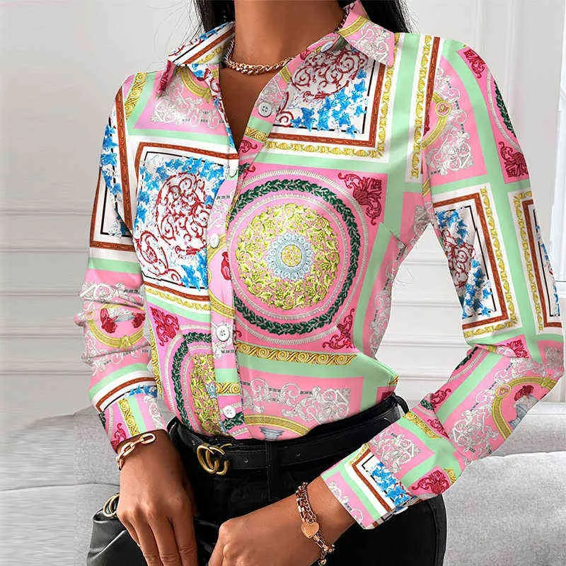 Fashion Chain Leopard Printed Lady Office Shirt Elegant Turn-down Collar Blouse Casual Button Long Sleeve New Autumn Women Tops