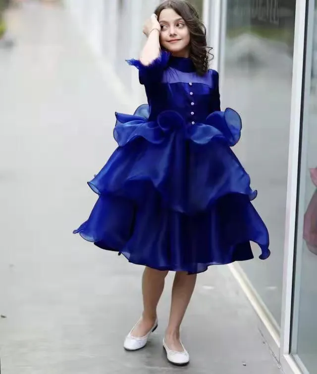 2022 Royal Blue Toddler Flower Girls jurken voor bruiloften Korte mouwen Meisje verjaardagsfeestje jurk jurk kleine meisjes optocht slijtage