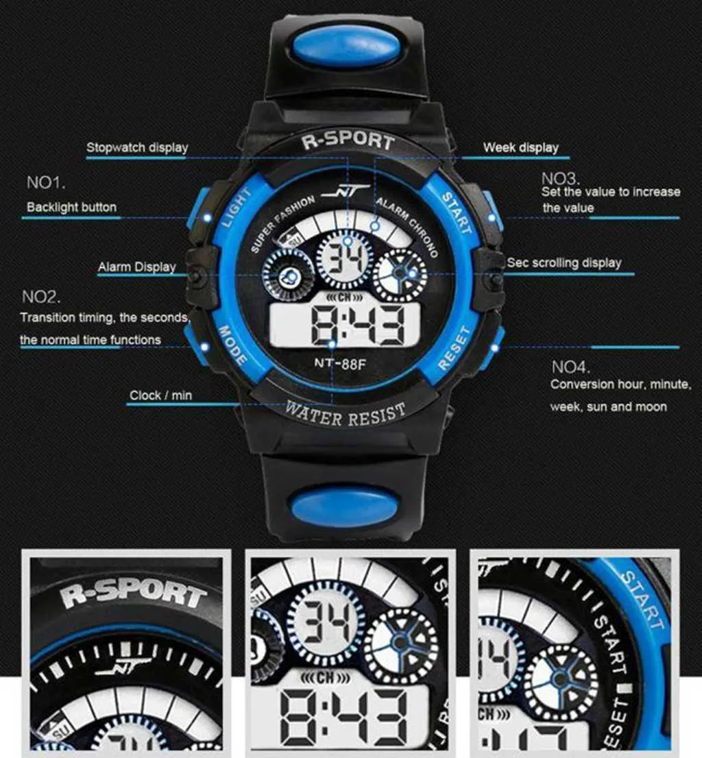 Reloj deportivo de niño para hombre LED Relojes digitales LED para hombres Dial de vidrio 30M Correa de silicona a prueba de agua Alarma de reloj de pulsera