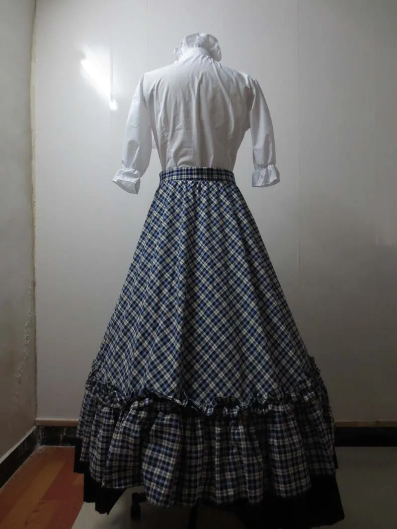 Victorian Gothic Ball Gown Reenactment Stage Punk Blue Tartan Lolita Dress Costume H008