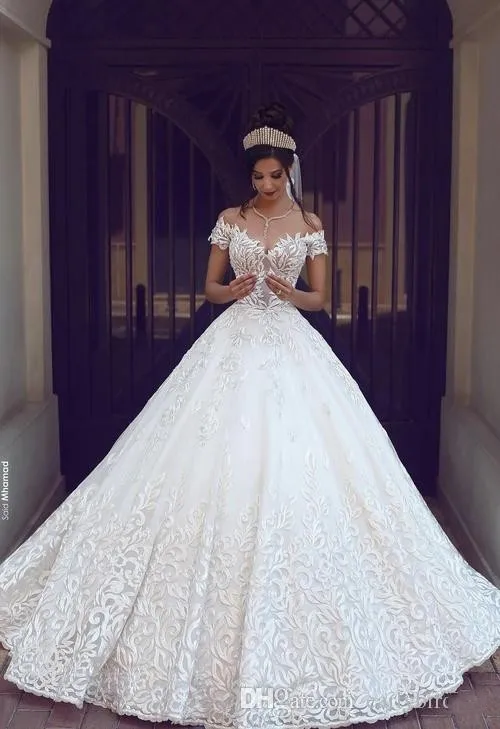 2018 Hot Arabic Wedding Dresses A Line Cap Sleeves Off Shoulder Full Lace Appliques Open Back Chapel Train Plus Size Formal Bridal Gowns