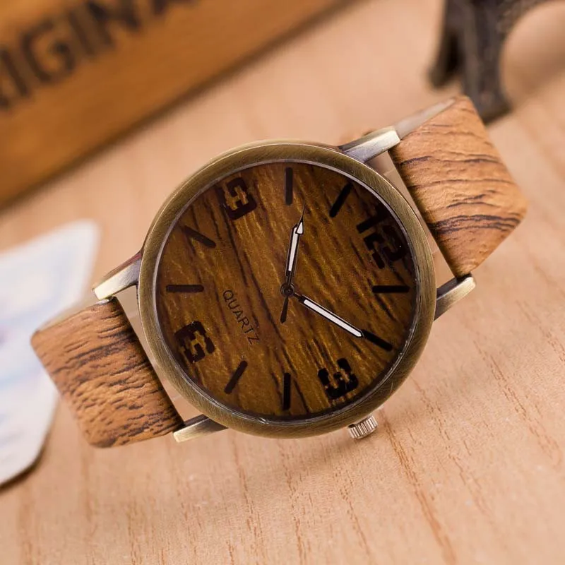 Homens relógios de quartzo simulação de madeira ida pu de couro relógio de grão de madeira relógio de relógio de pulso com suporte de bateria Shi300q