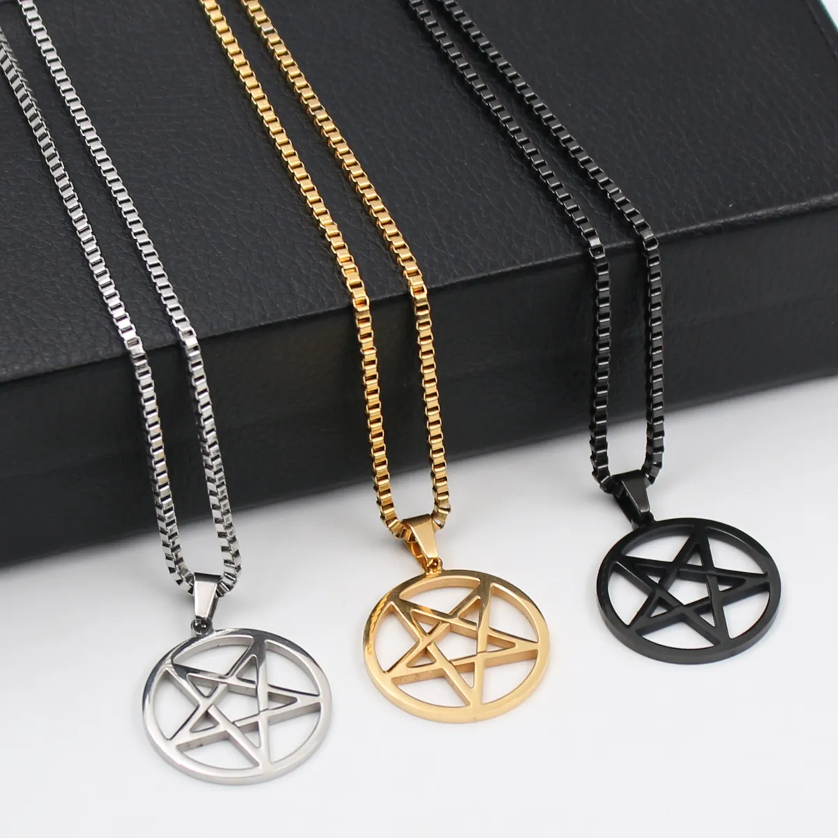 Pentagramme symbole satanique culte de Satan Wicca Pentacle collier pendentif en acier inoxydable argent or noir 2 4mm 24 pouces chaîne de boîte f253D