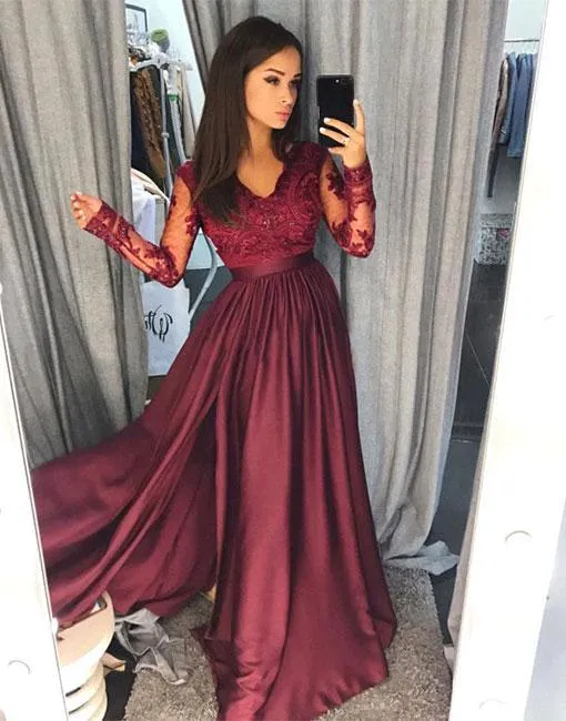 Sexy Burgundy V Neck Lace Sheer Long Sleeves Prom Dresses Satin A Line Floor Length Evening Gowns Formal Party Dresses Vestidos de festa