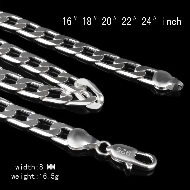 Ожерелье с плоской цепочкой, мужское ожерелье из стерлингового серебра 925 пробы с покрытием 8 мм, 16 дюймов, 18 дюймов, 20, 22 дюйма, 24 дюйма, N249n