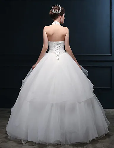 2016 New Hot Fashion Elegant Ball Gown Ivory Floor-length Appliques Beads Halter Tulle Wedding Dresses 301