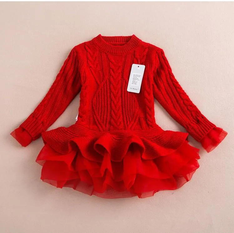 2017 Popular Girls Sweater Tutu Dresses Children Winter Knitted Princess Dresses Baby Girls Lace Fashion Dresses 