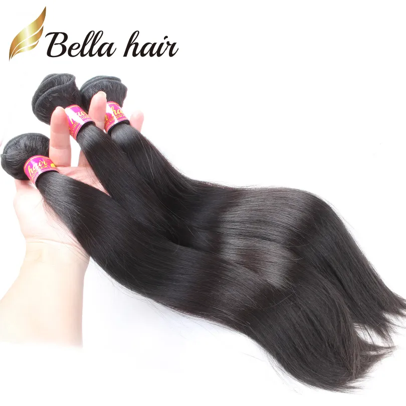 Peruvian Hair Bundles Virgin human Hair Extensions Straight HairWeaves with Closure free part Natural Color Bellahair