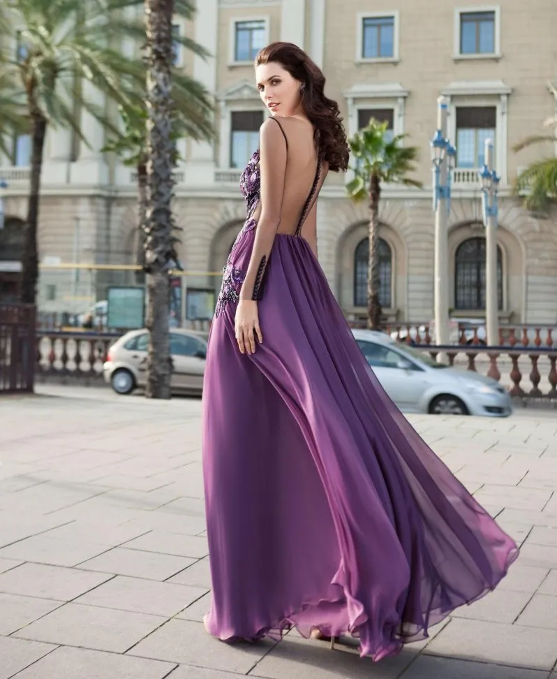 Purple Lace Appliqued Dresses Evening Wear With Long Sleeves Sheer Bateau Neck A Line Prom Gowns Floor Length Chiffon Formal Dress