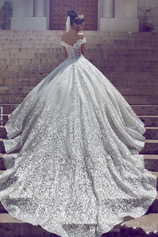 2018 Hot Arabic Wedding Dresses A Line Cap Sleeves Off Shoulder Full Lace Appliques Open Back Chapel Train Plus Size Formal Bridal Gowns