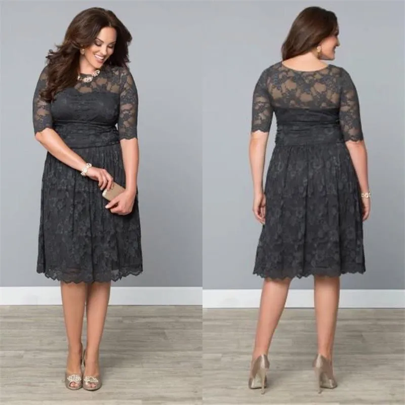 Lace Plus Size Formal Dresses Dark Gray Mother's Tea Length Cocktail Dress Sheer Neck Sleeves Short Prom Party Women Evening Gowns 2016