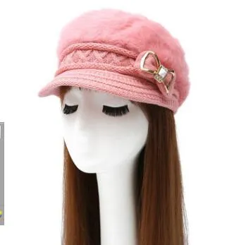 Nouveau chapeau d'hiver en cachemire pour femmes, chapeau en poils de lapin, avec nœud en cristal tricoté, hat298U