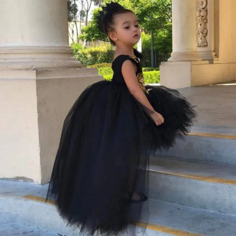 Cute Black High Low Little Girls Pageant Dresses Appliqued A Line Flower Girl Dress Tiered Tulle First Communion Gowns