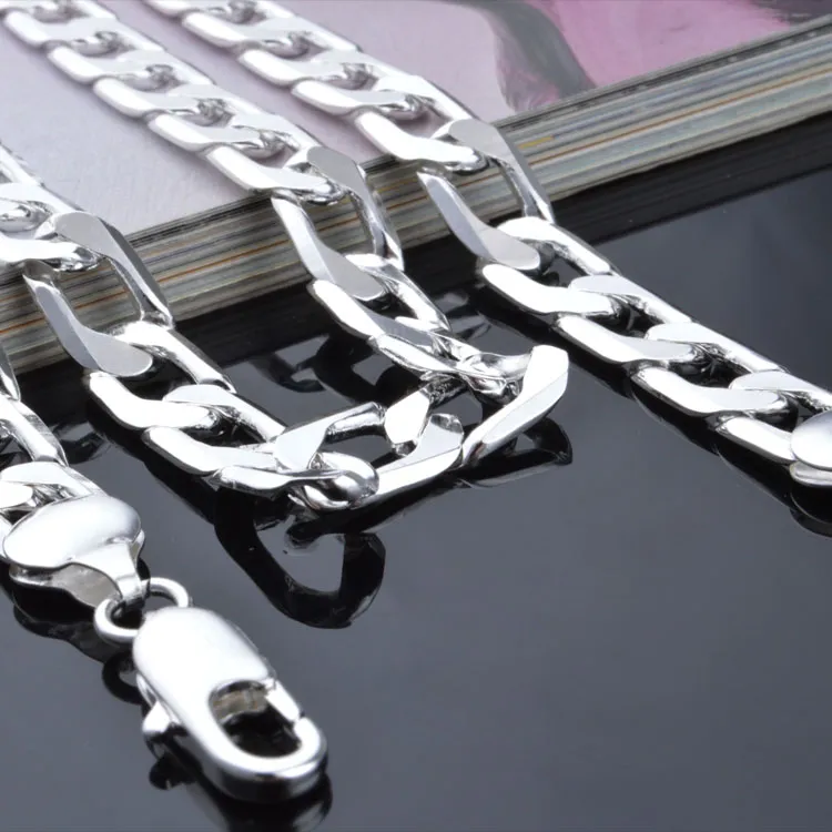 Ожерелье с плоской цепочкой, мужское ожерелье из стерлингового серебра 925 пробы с покрытием 8 мм, 16 дюймов, 18 дюймов, 20, 22 дюйма, 24 дюйма, N249n