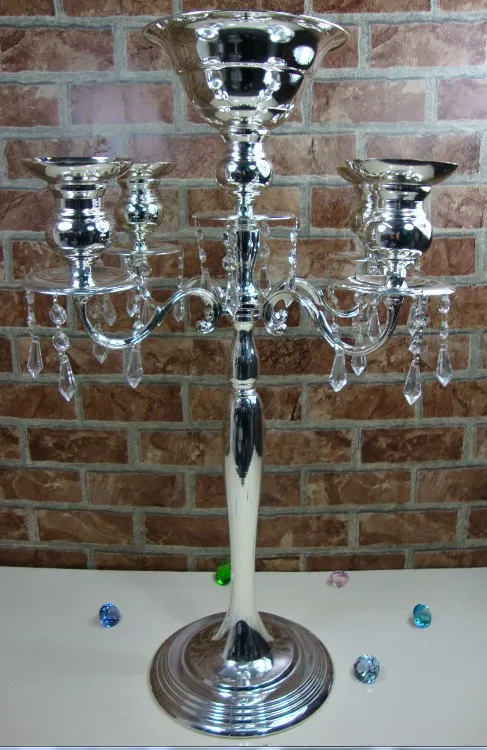 H75cm * W48cm, 5 Heads Crystal Candelabra, Candle Holder, wedding Centerpiece, flower bowl Candle holder with pendants