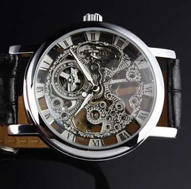Original Brand Winner Gold Fashion Casual Stainless Mens Mechanical Watch Skeleton Hand Wind Watches For Men Leather Wristwatch Tr253P