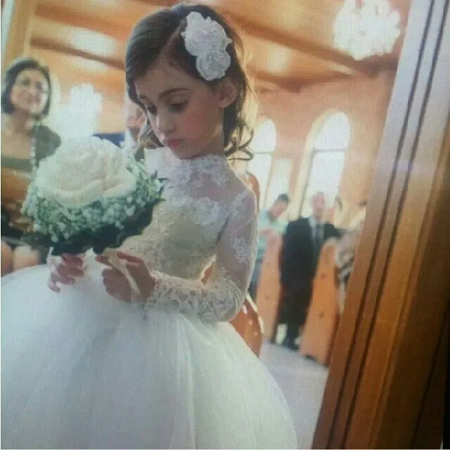 Lovely Wedding Party Flower Girl Dresses High Neck Long Sleeve Princess Appliques Lace Flower Girls' Dress Kids Formal Wear