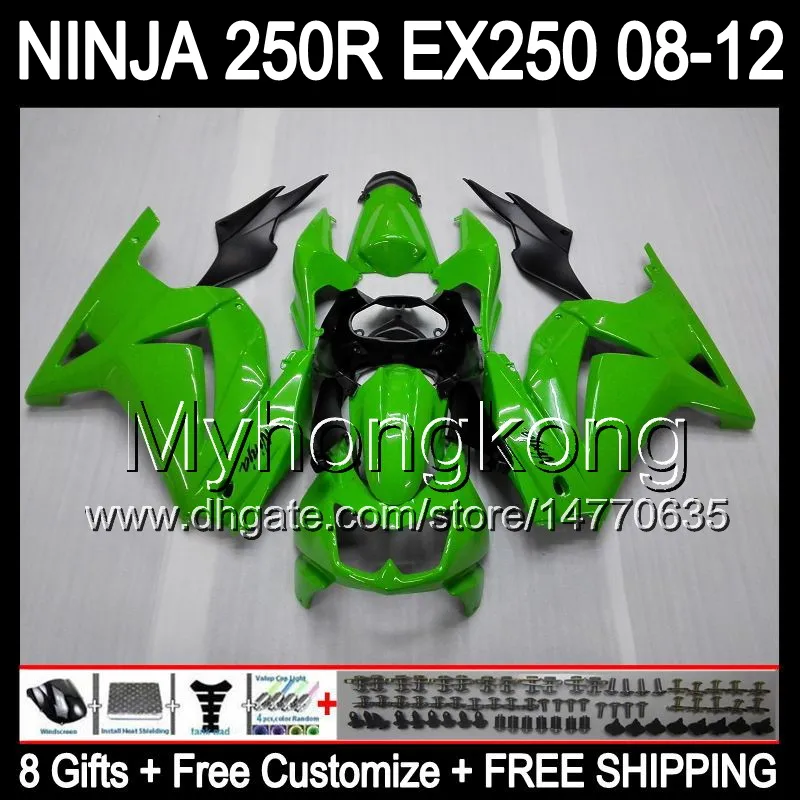 8Gifts+ Body For KAWASAKI ZX 250R EX250 08-12 MY27 ZX250R 08 09 10 11 12 EX 250 Glossy green ZX-250R 2008 2009 2010 2011 2012 Fairing