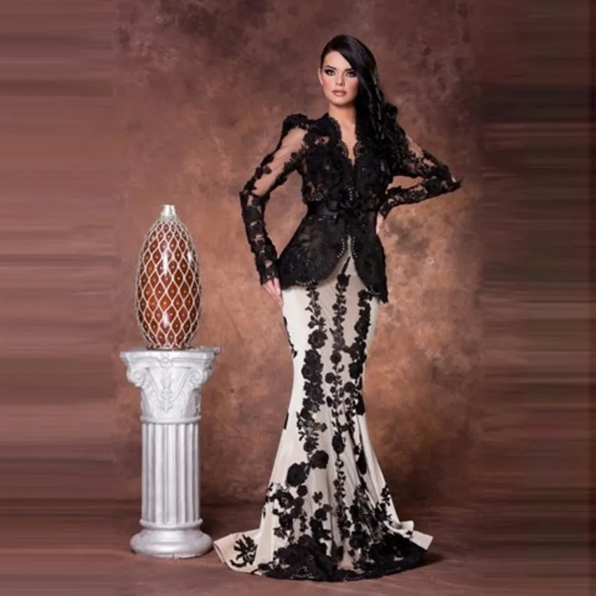 Saudi Arabia Mermaid Long Evening Dress Long Sleeve Prom Dress Robe De Soiree Long black and White lace Evening Gowns Mother of Bridal Dress