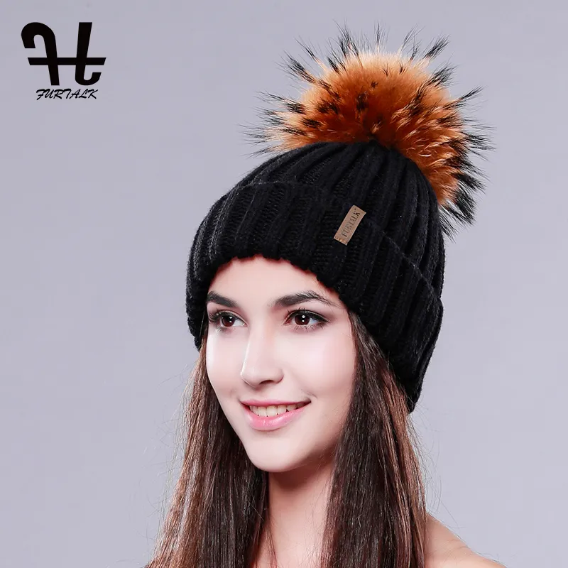 Chapéu de pele real de malha 100% pele de guaxinim real pom pom chapéu de inverno feminino gorro para women251m