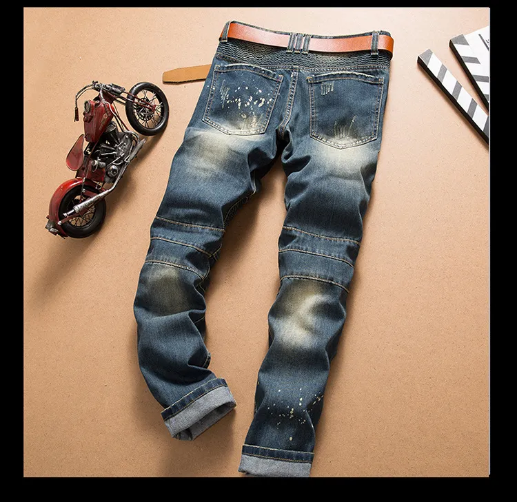Nya män coola män nödställda rippade modedesigner rak motorcykel cyklist jeans kausal denim byxor streetwear stil