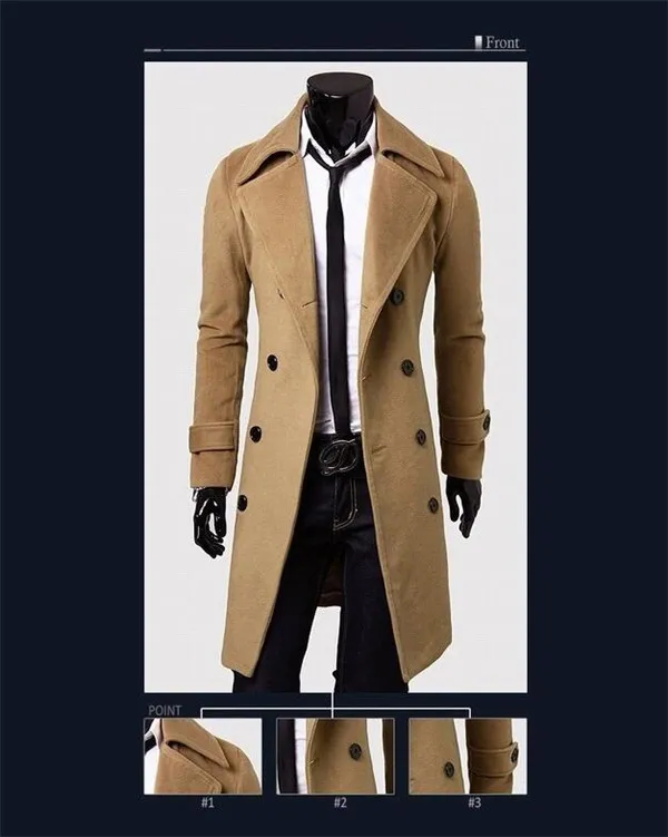 New Brand Autumn mens long pea coat Men`s woolen Coat Turn down Collar Double Breasted men trench coat