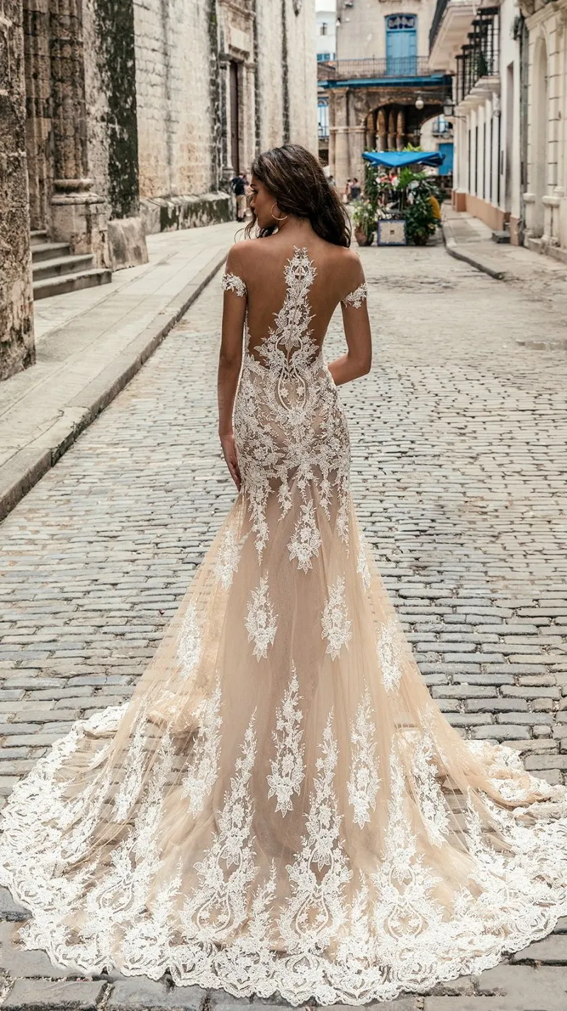 julie vino new lace mermaid wedding dresses sheer off the shoulder appliqued bridal gowns short sleeve elegant wedding dress