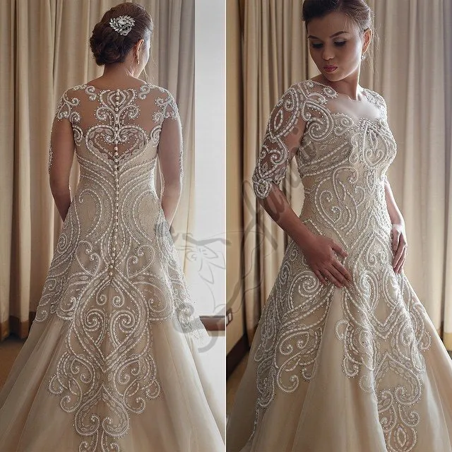 2021 Vestido de Noiva Wanda Borges Glamoroso Apliques de encaje de alta calidad Vestidos de novia Cuello de joya A-Line Batas de novia